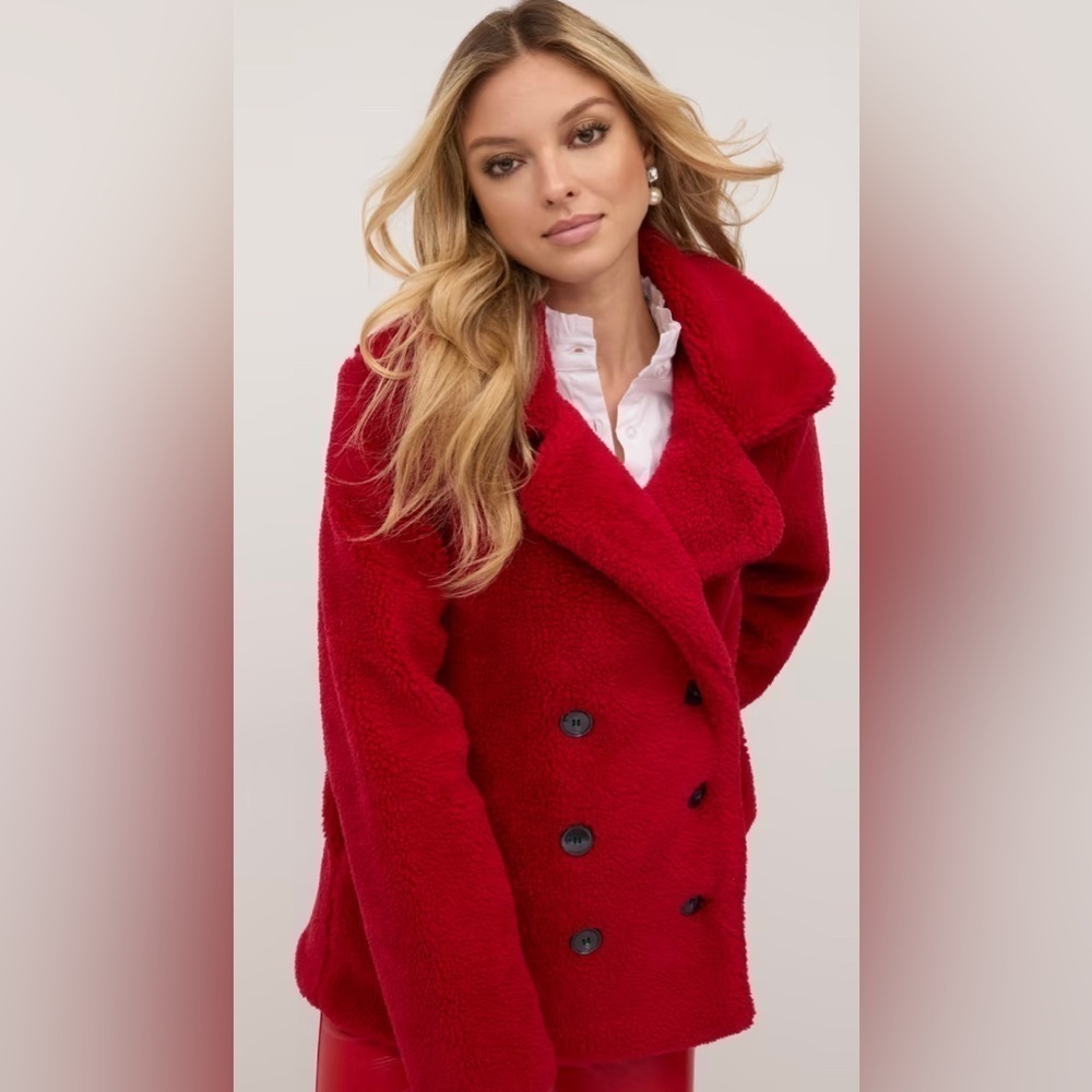 NWT Faux-Fur Teddy Pea Coat L Red Women STYLE: 06954908 Christmas Holiday